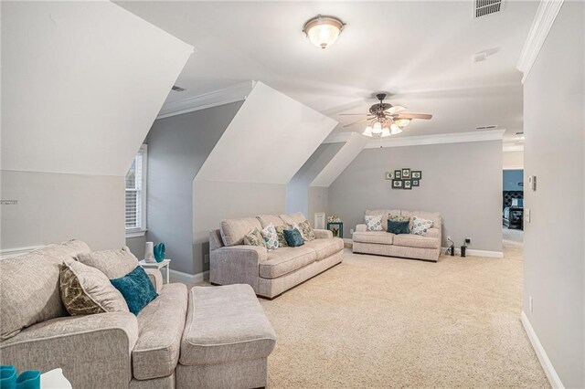 carpeted living room with ceiling fan, ornamental molding, and vaulted ceiling