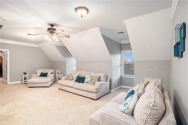 bedroom with ceiling fan, a spacious closet, light carpet, and lofted ceiling