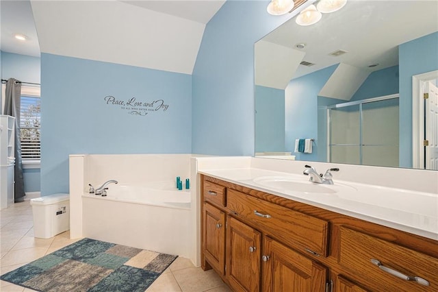 full bathroom with tile patterned flooring, a garden tub, visible vents, and a stall shower