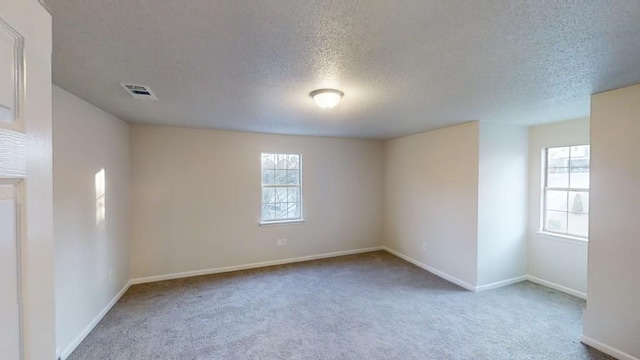 empty room with light carpet and a textured ceiling