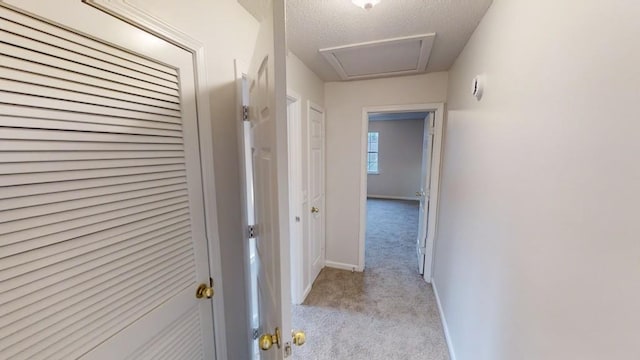 corridor with light carpet and a textured ceiling