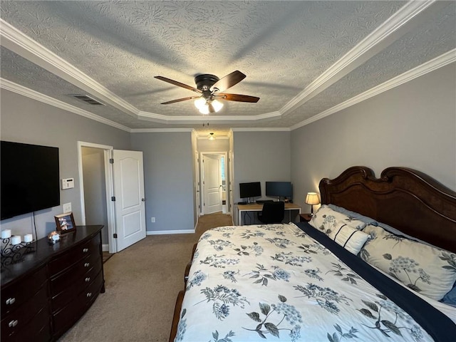 bedroom featuring carpet flooring, ceiling fan, a textured ceiling, and ornamental molding