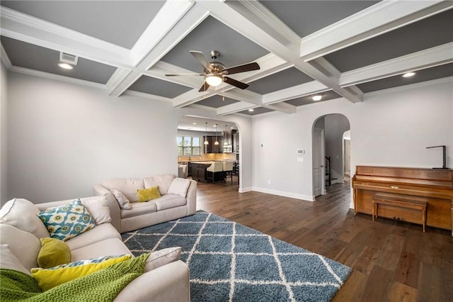 1520 Gallant Fox Ln, Suwanee, GA 30024 - living area with arched walkways, dark wood-type flooring, ceiling fan, coffered ceiling, and beam ceiling
