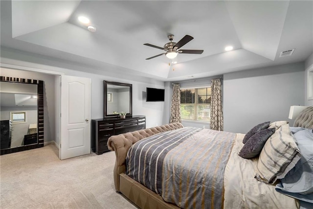 1520 Gallant Fox Ln, Suwanee, GA 30024 - bedroom featuring a tray ceiling, light colored carpet, recessed lighting, ceiling fan, and baseboards