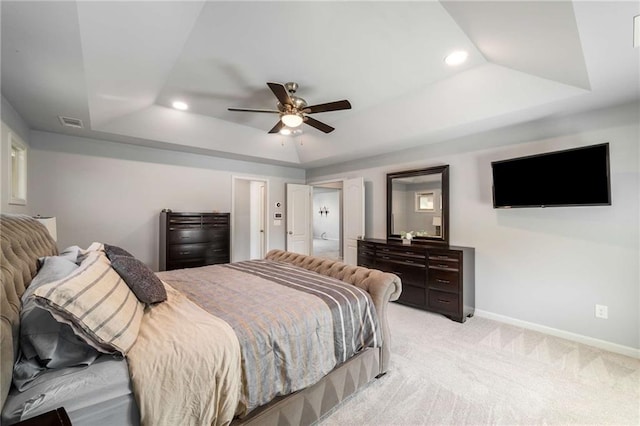 1520 Gallant Fox Ln, Suwanee, GA 30024 - bedroom with a raised ceiling, recessed lighting, baseboards, light carpet, and a ceiling fan
