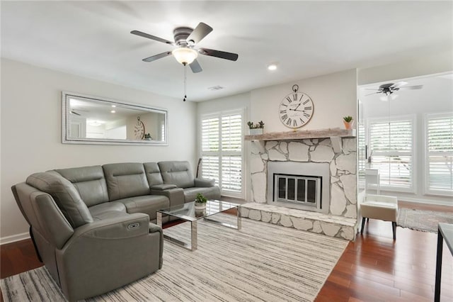 3210 Lake Pointe Cir, Roswell, GA 30075 - living room with a ceiling fan, wood finished floors, and a fireplace