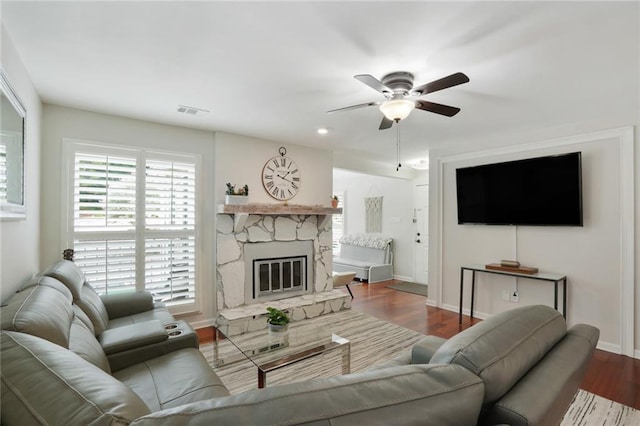 3210 Lake Pointe Cir, Roswell, GA 30075 - living room featuring a ceiling fan, wood finished floors, and a fireplace