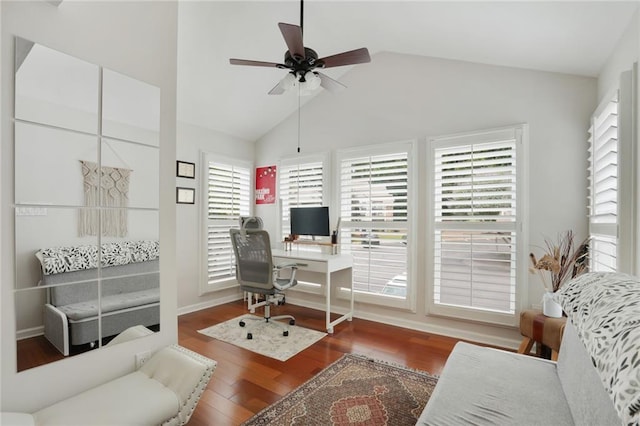 3210 Lake Pointe Cir, Roswell, GA 30075 - home office featuring wood finished floors, vaulted ceiling, and ceiling fan