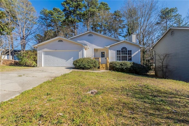 single story home with concrete driveway, a chimney, an attached garage, and a front yard