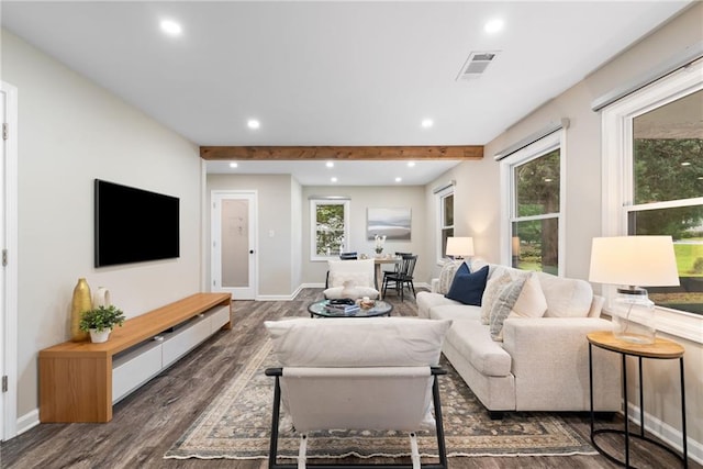 96 Senoia Rd, Fairburn, GA 30213 - living area with recessed lighting, dark wood-style floors, and beam ceiling