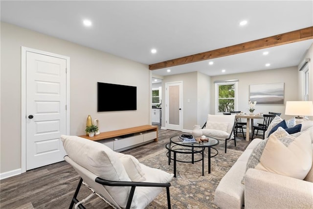 96 Senoia Rd, Fairburn, GA 30213 - living room with wood finished floors, recessed lighting, and beam ceiling