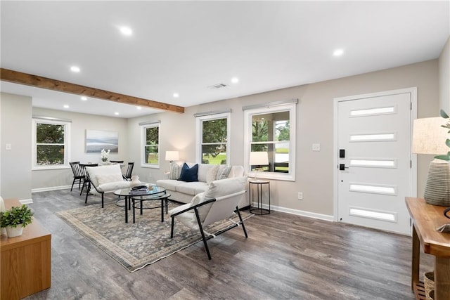 96 Senoia Rd, Fairburn, GA 30213 - living area featuring wood finished floors, recessed lighting, and beam ceiling