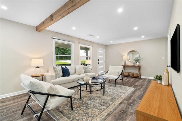 96 Senoia Rd, Fairburn, GA 30213 - living area featuring wood finished floors, recessed lighting, and beam ceiling