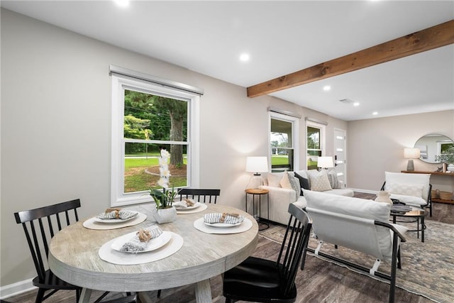 96 Senoia Rd, Fairburn, GA 30213 - dining area featuring wood finished floors, recessed lighting, plenty of natural light, and beamed ceiling