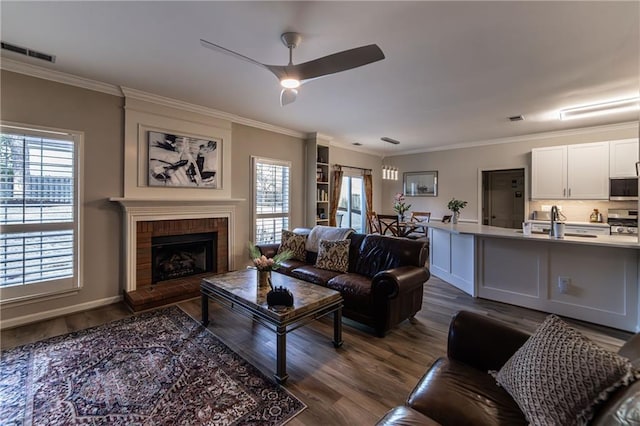 living area with ornamental molding, a wealth of natural light, dark wood-style flooring, and visible vents