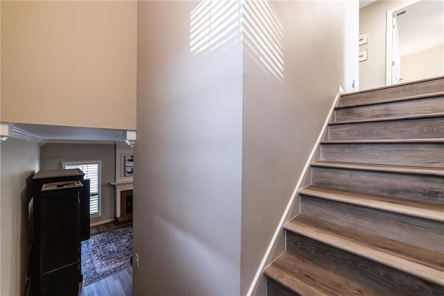 stairs with a tiled fireplace and wood finished floors