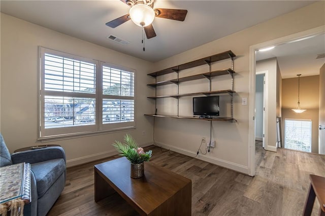 living area featuring a wealth of natural light, baseboards, and wood finished floors