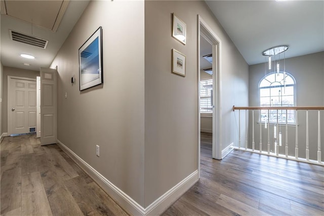 hallway featuring a healthy amount of sunlight, wood finished floors, visible vents, and attic access