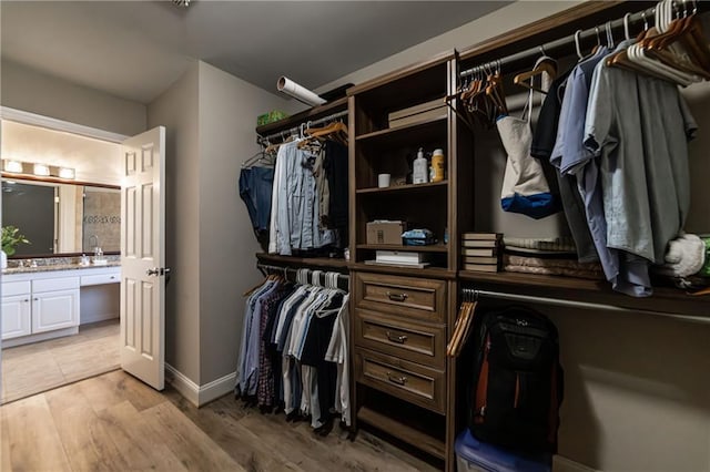 walk in closet with light wood-style floors