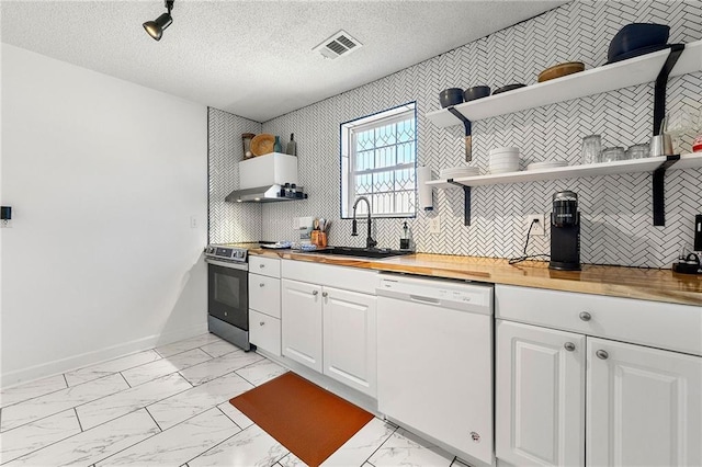 1357 Railroad Ave, Sugar Hill, GA 30518 - kitchen with white dishwasher, a sink, light marble finish floors, open shelves, and electric stove