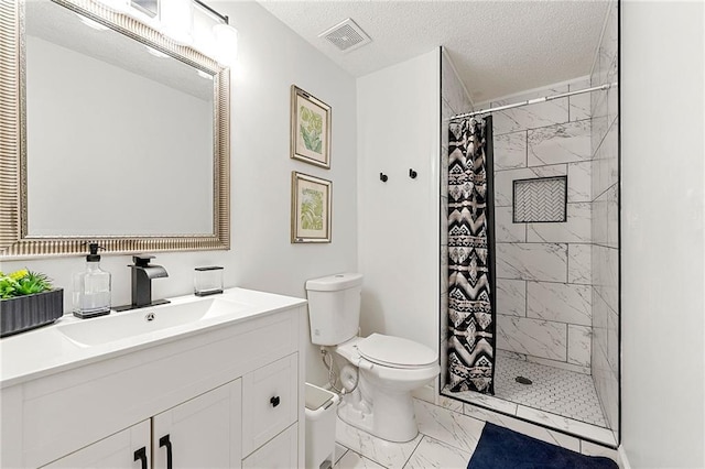 1357 Railroad Ave, Sugar Hill, GA 30518 - full bathroom with marble finish floors, toilet, vanity, a tile shower, and a textured ceiling