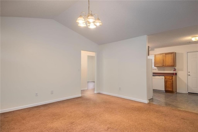 unfurnished living room featuring lofted ceiling, a notable chandelier, and tile patterned floors