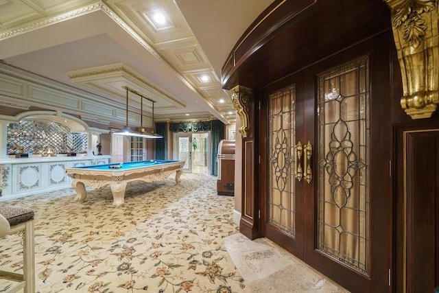 rec room featuring coffered ceiling, french doors, dark colored carpet, and pool table