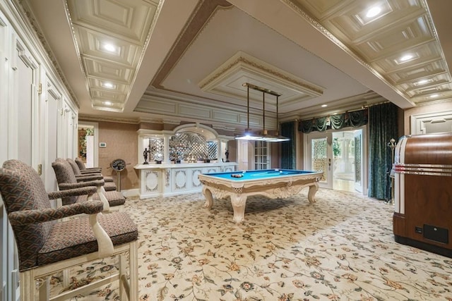 recreation room with light colored carpet, coffered ceiling, pool table, and crown molding