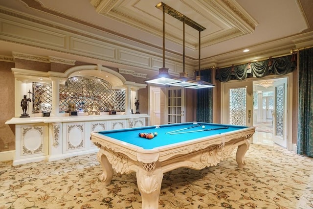 game room with crown molding, light carpet, a tray ceiling, and billiards