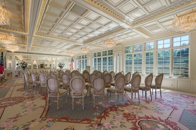 sunroom with coffered ceiling and a chandelier