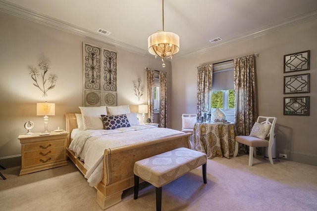 carpeted bedroom with crown molding and a notable chandelier