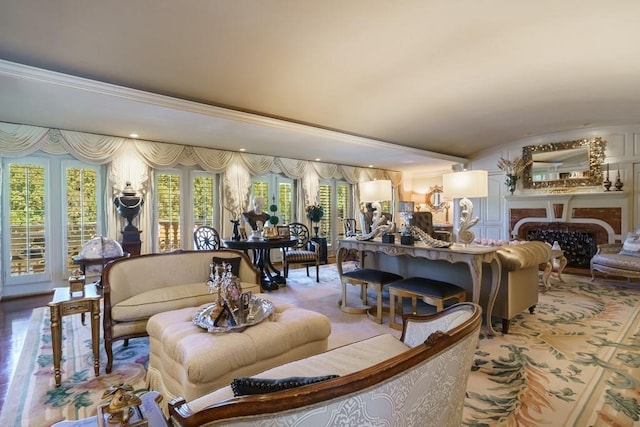 living room featuring crown molding