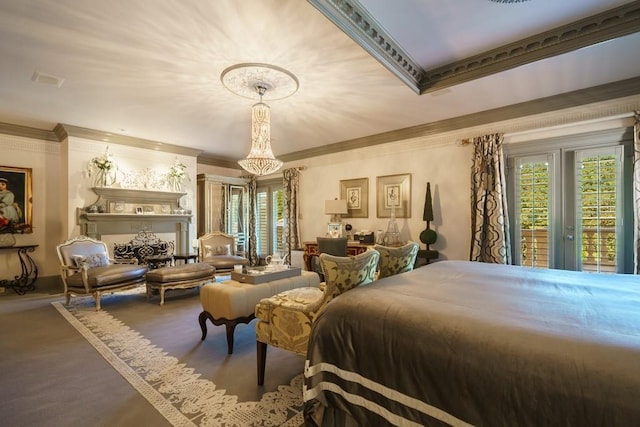 carpeted bedroom featuring french doors, ornamental molding, and access to exterior