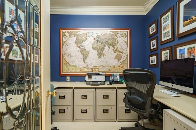 carpeted home office with ornamental molding