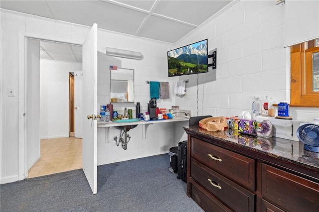 interior space with concrete block wall, carpet, a sink, and dark stone countertops