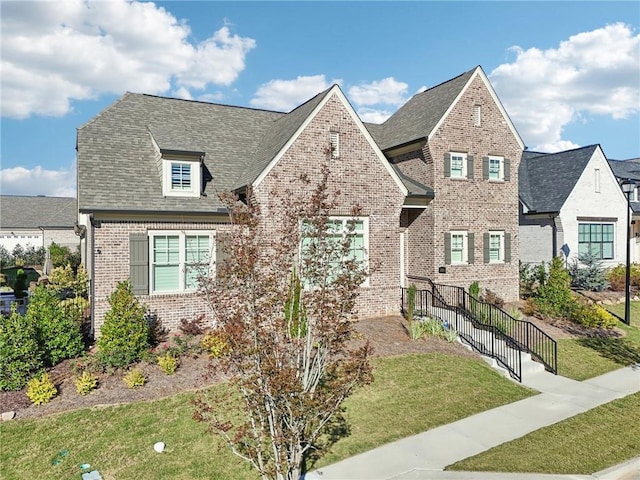 view of front of house with brick siding, roof with shingles, and a front yard