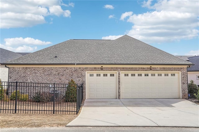 view of property exterior with a shingled roof, fence, and brick siding