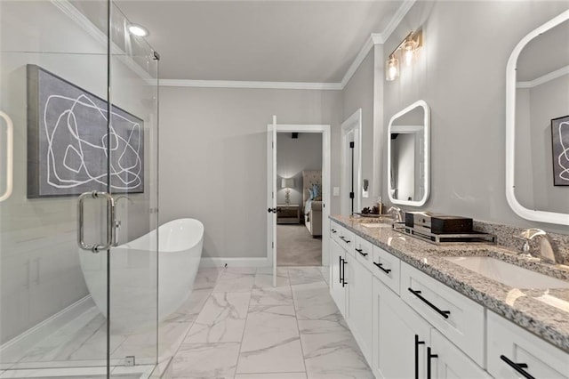 bathroom featuring a sink, double vanity, a stall shower, marble finish floor, and crown molding