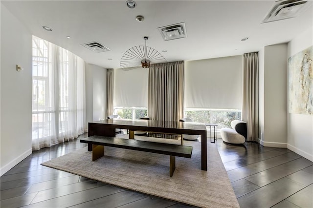 interior space with expansive windows and dark hardwood / wood-style floors