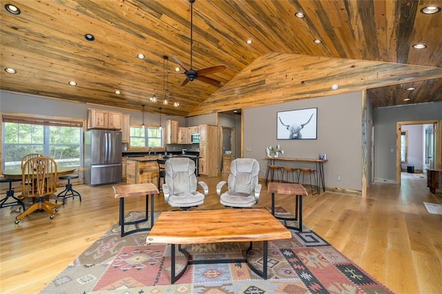 102 Waleska Ln, Ellijay, GA 30540 - dining room featuring wooden ceiling, light wood finished floors, recessed lighting, ceiling fan, and high vaulted ceiling
