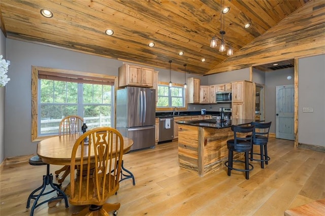 102 Waleska Ln, Ellijay, GA 30540 - kitchen featuring stainless steel appliances, a sink, dark countertops, light brown cabinets, and wooden ceiling