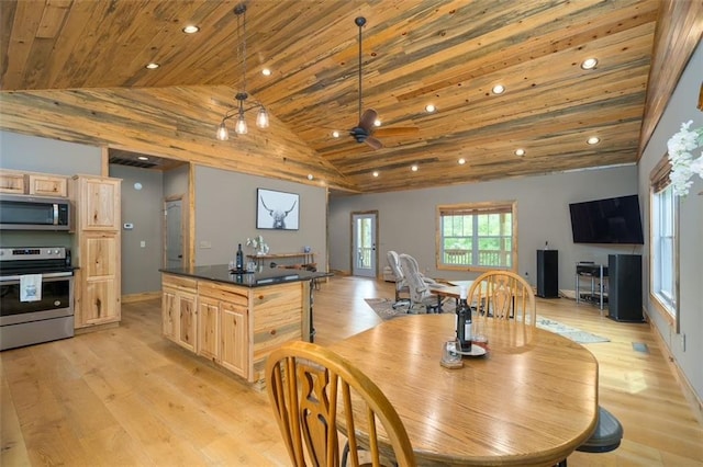 102 Waleska Ln, Ellijay, GA 30540 - dining space with lofted ceiling, wood ceiling, recessed lighting, ceiling fan, and light wood-style floors