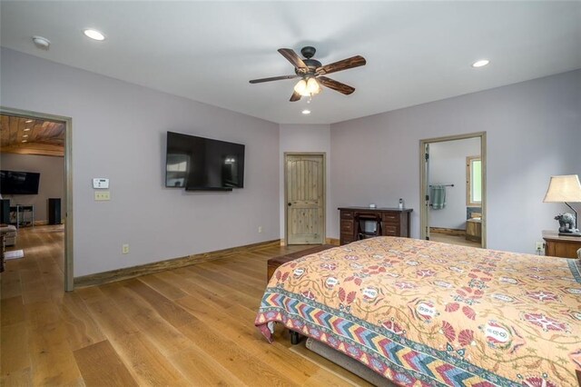 102 Waleska Ln, Ellijay, GA 30540 - bedroom featuring light wood-style floors, recessed lighting, baseboards, ensuite bath, and a ceiling fan
