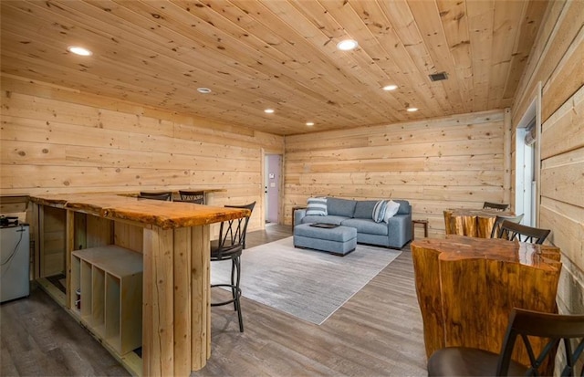 102 Waleska Ln, Ellijay, GA 30540 - dining room with wood ceiling, dark wood-style floors, wooden walls, and recessed lighting