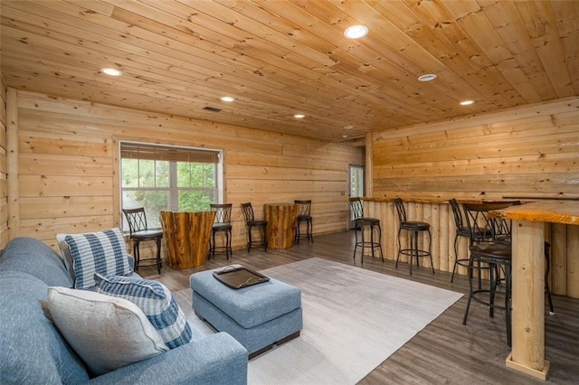 102 Waleska Ln, Ellijay, GA 30540 - living room featuring recessed lighting, wooden ceiling, wooden walls, and wood finished floors