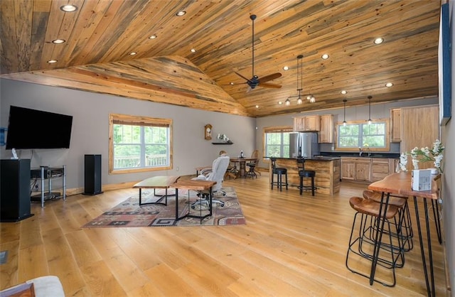 102 Waleska Ln, Ellijay, GA 30540 - dining area featuring lofted ceiling, wooden ceiling, plenty of natural light, light wood-type flooring, and a ceiling fan