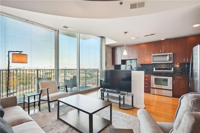 living room featuring floor to ceiling windows and light hardwood / wood-style floors