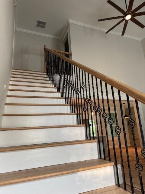 1713 Cagle Ct, Lawrenceville, GA 30045 - stairs featuring ceiling fan, crown molding, and wood finished floors