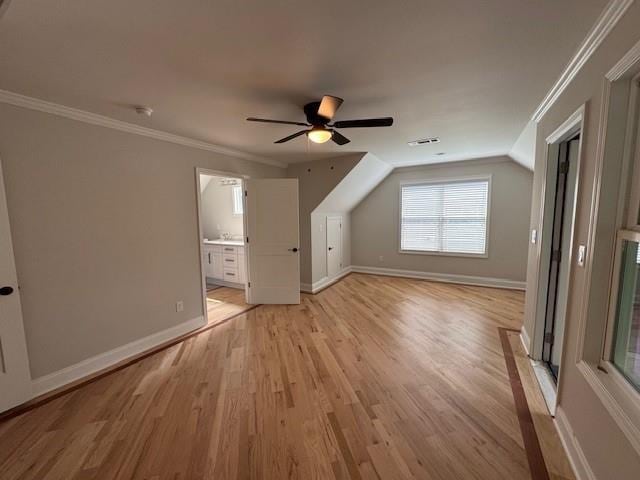 1713 Cagle Ct, Lawrenceville, GA 30045 - additional living space with light wood-style flooring, a ceiling fan, baseboards, and lofted ceiling