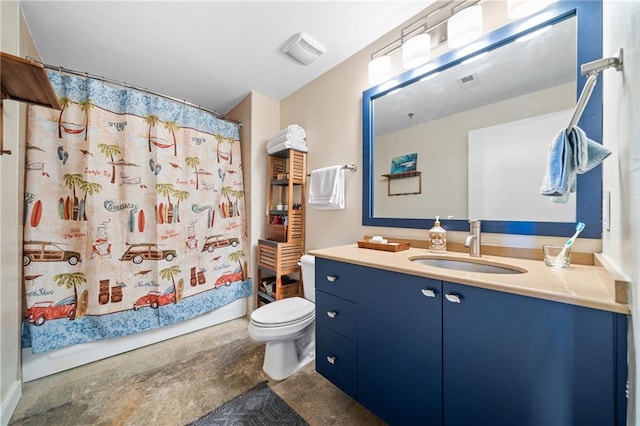 bathroom with vanity, concrete floors, toilet, and a shower with shower curtain